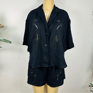 H&M Matching Shorts And Top Set Sz M Loose Lace Blouse Black Shirt Embroidered